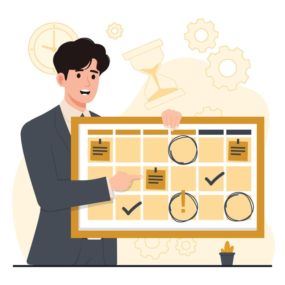planning schedule concept Time management concept. illustration in flat design style. Businessman with clock and gears. vector