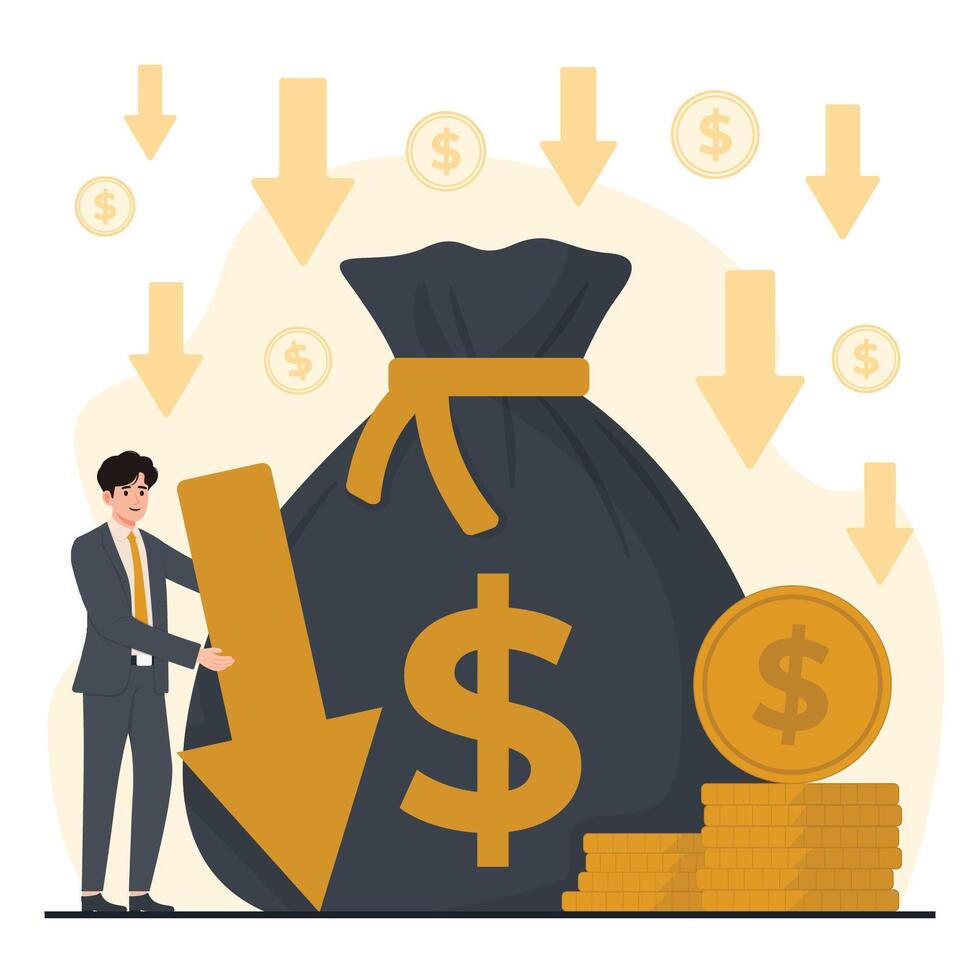costs reduction Businessman with money bag and falling down arrow. illustration in flat style vector