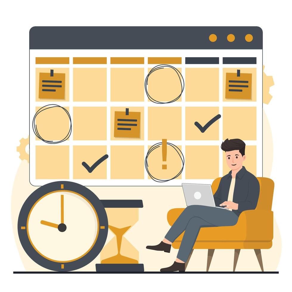 planning schedule concept Time management concept. Businessman working on laptop and planning schedule. illustration in flat style vector