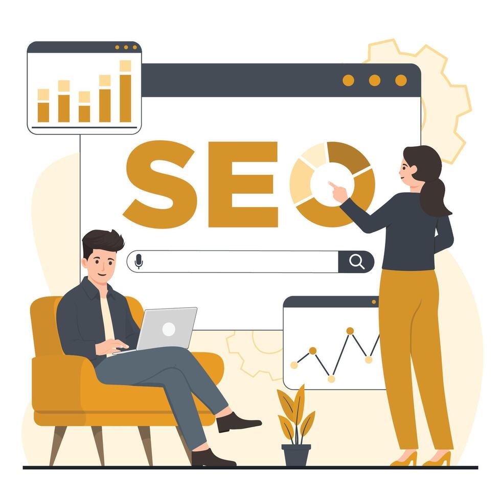 SEO concept Search engine optimization flat illustration. Search engine optimization concept for banner, website design or landing web page vector