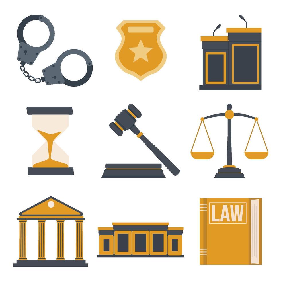Law and justice icons set elements Flat illustration vector
