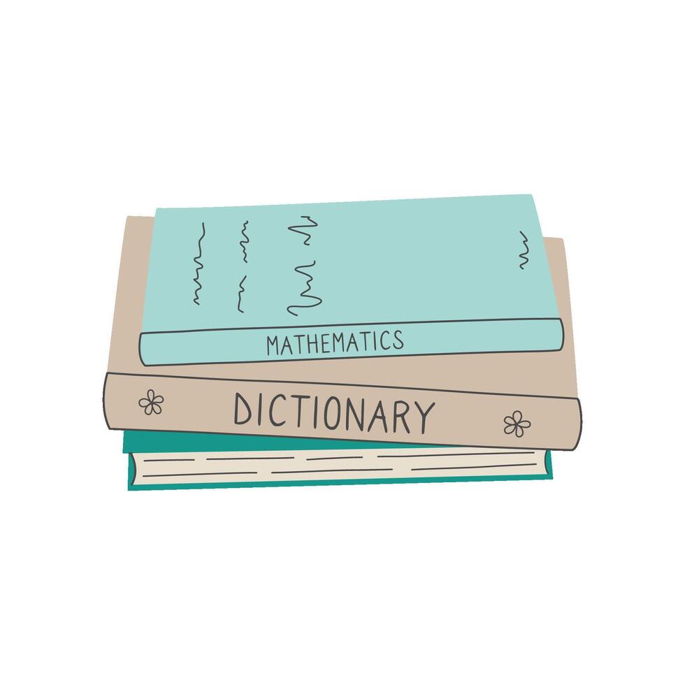 Book stack, textbooks and dictionary. School supplies, home library. Flat design hand drawn illustration isolated on transparent background. vector
