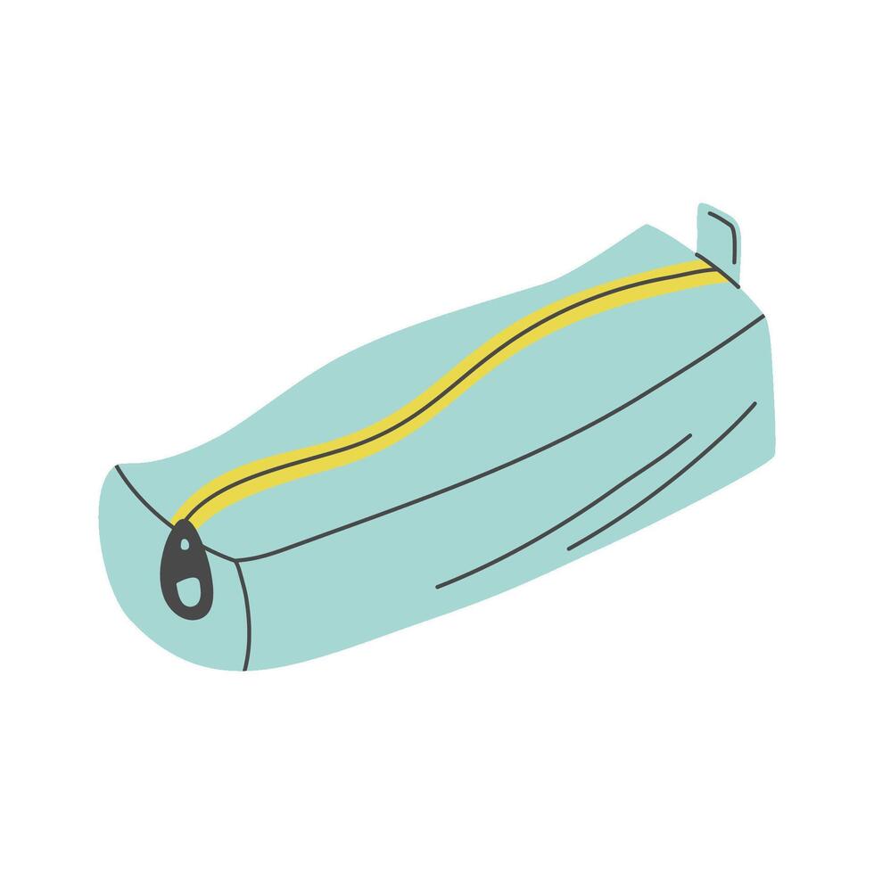 School stationery, cute pencil case. Bright colors zippered cosmetic bag. Hand drawn flat design illustration isolated on transparent background. vector