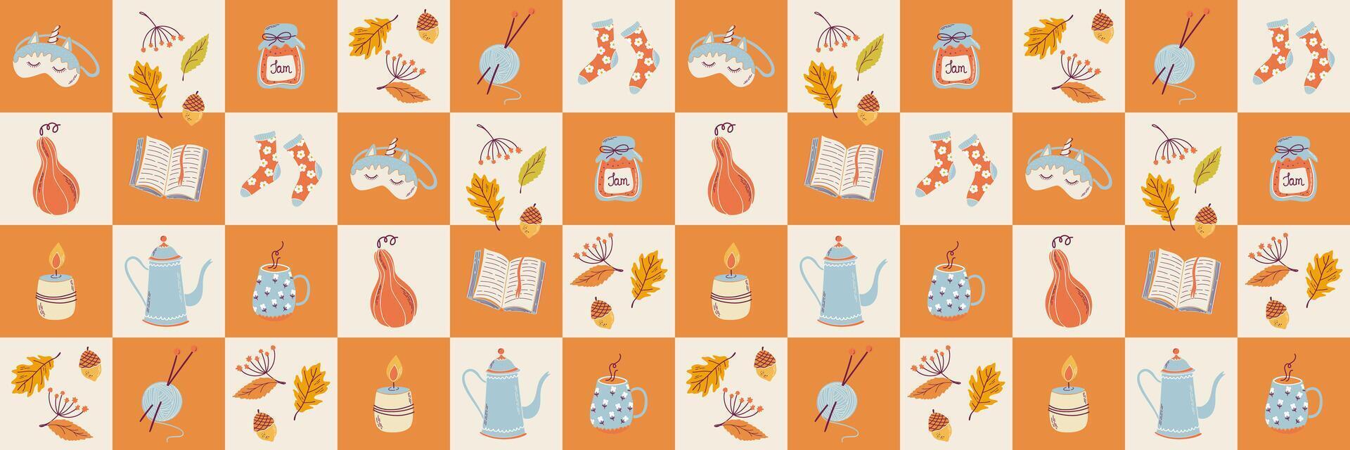 Geometric Autumn cozy elements seamless pattern. Hygge style checkered print. Patchwork. Cute fall background. Hand drawn flat design illustration. vector