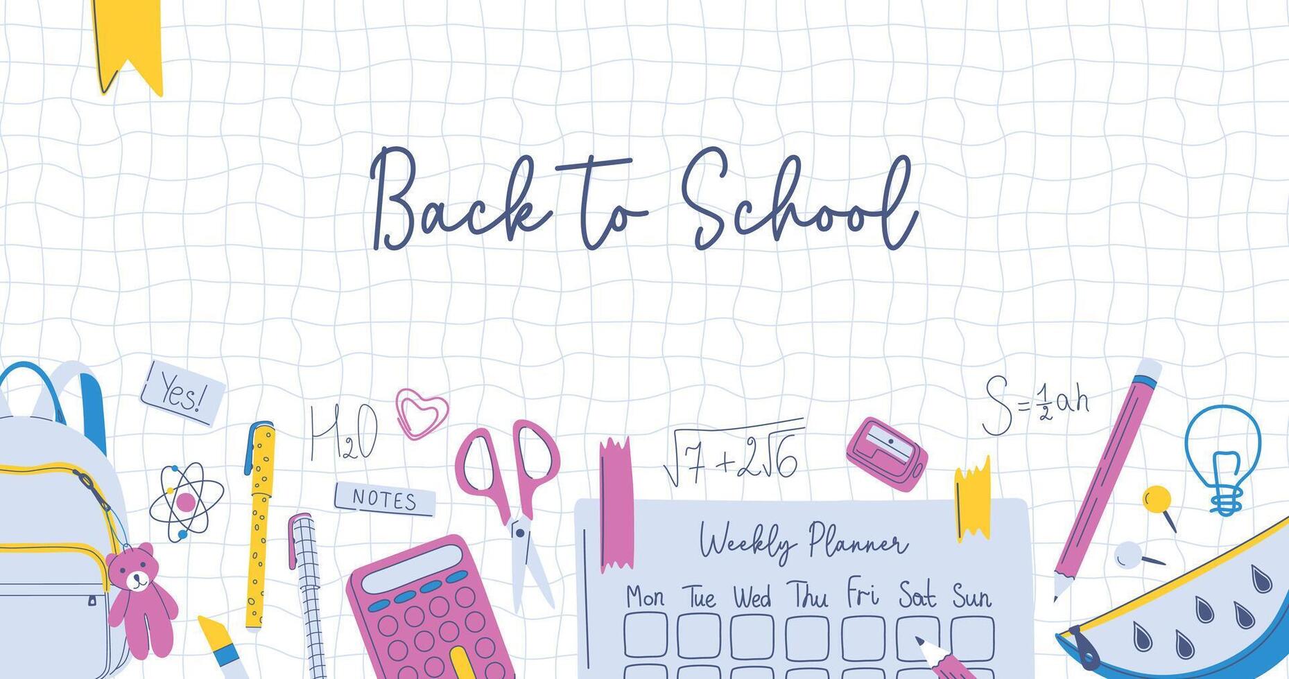 Back to school background with school stuff. Educational theme banner with different stationery on a grid backdrop. Hand drawn flat design illustration. vector