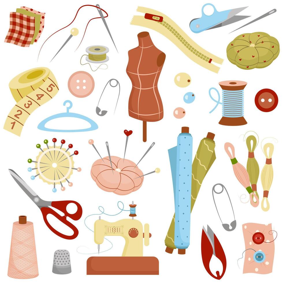 Set of elements for sewing, fabric, mannequin, thread, needles, scissors. Items for hobby. Colorful illustration for design of sewing books, albums, flyers, business cards, banners. vector