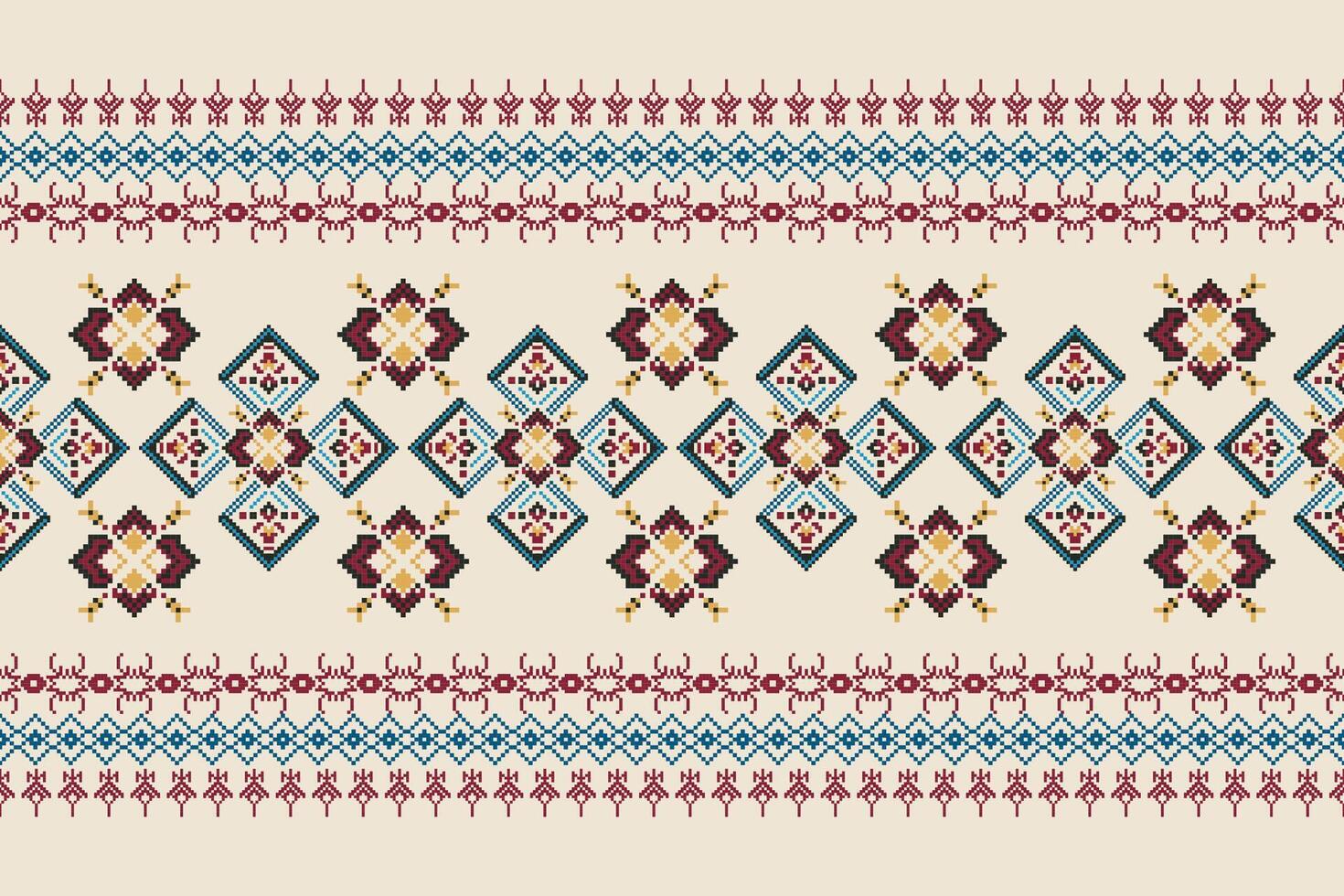 Traditional Seamless Pixel Art Pattern with Geometric Diamonds and Ethnic Borders in Blue, Red, and Yellow, Perfect for Cultural Textiles, Wallpapers, and Craft Projects with a Folk and Vintage Style vector