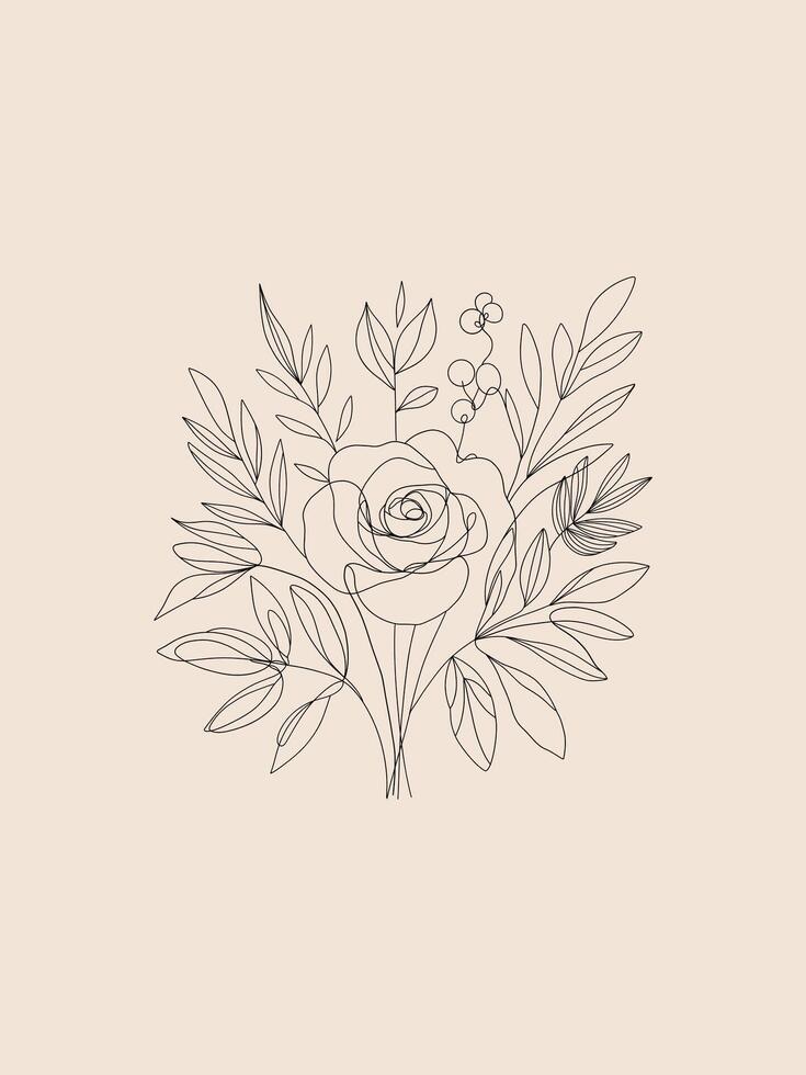 Simple and elegant line art illustration of a floral bouquet on a beige background. Perfect for wedding invitations, greeting cards, or wall art, for any floral-themed project. vector