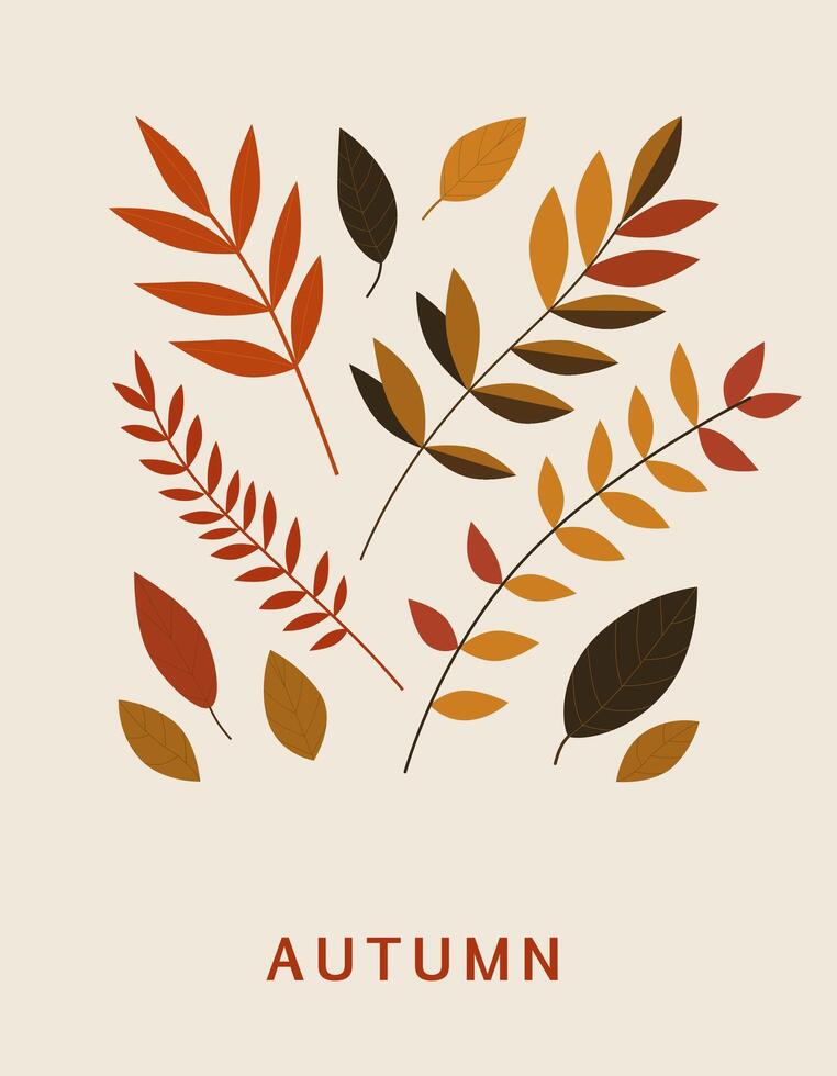 Autumn postcard illustration featuring various leaves in warm shades of red, orange, and brown on a light beige background. Perfect for seasonal designs, posters, and greeting cards vector