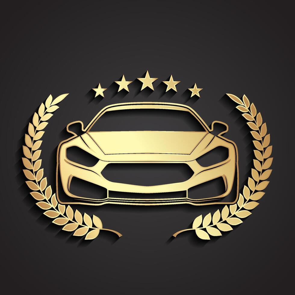 3d sport car front with laurel wreath and stars gold logo vector