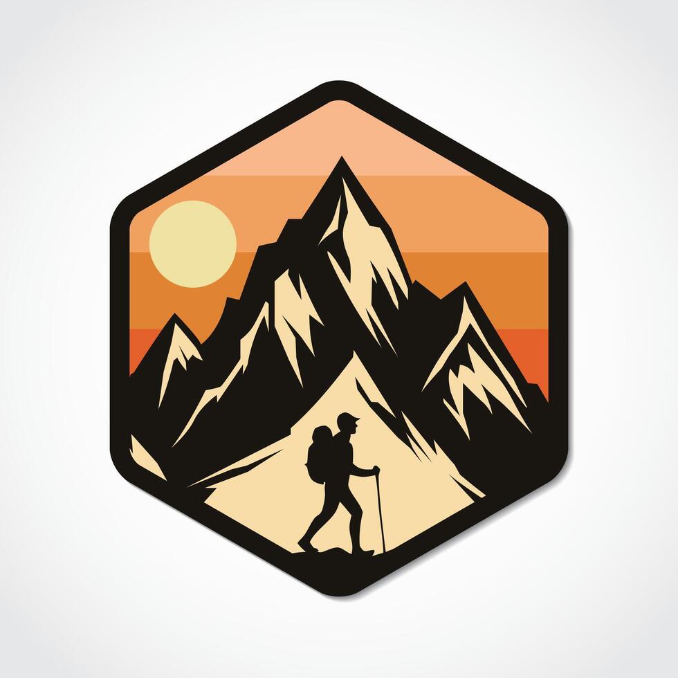mountain with hiker hexagon retro color logo vector