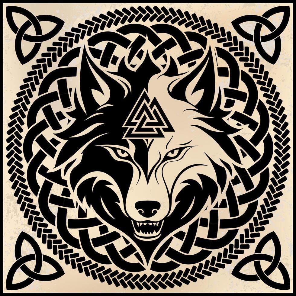 fenrir viking mythology wolf head symbol on ornamental background vector