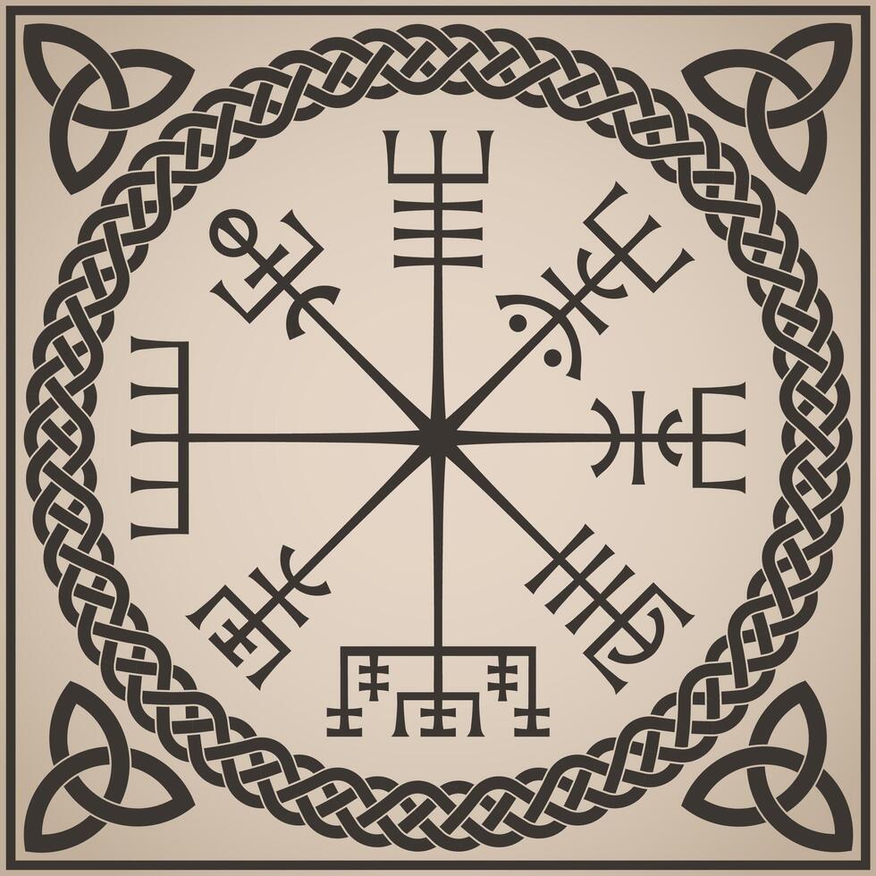 vegvisir traditional viking symbol on knot ornamental circle background vector