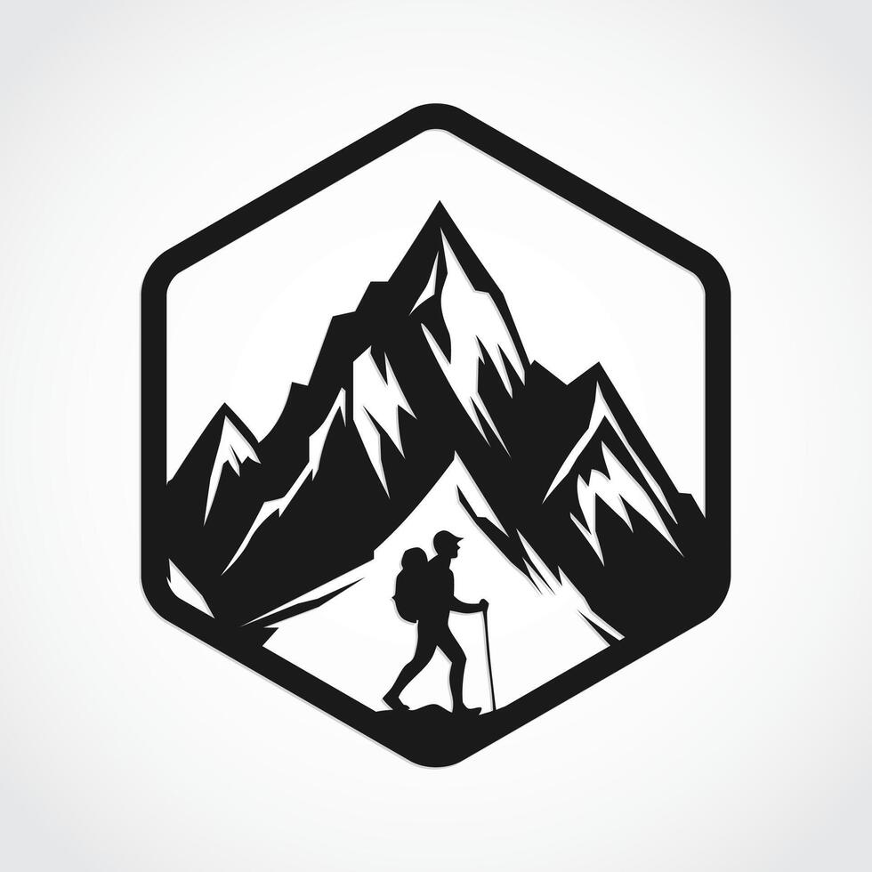 mountain with hiker silhouette hexagon logo vector