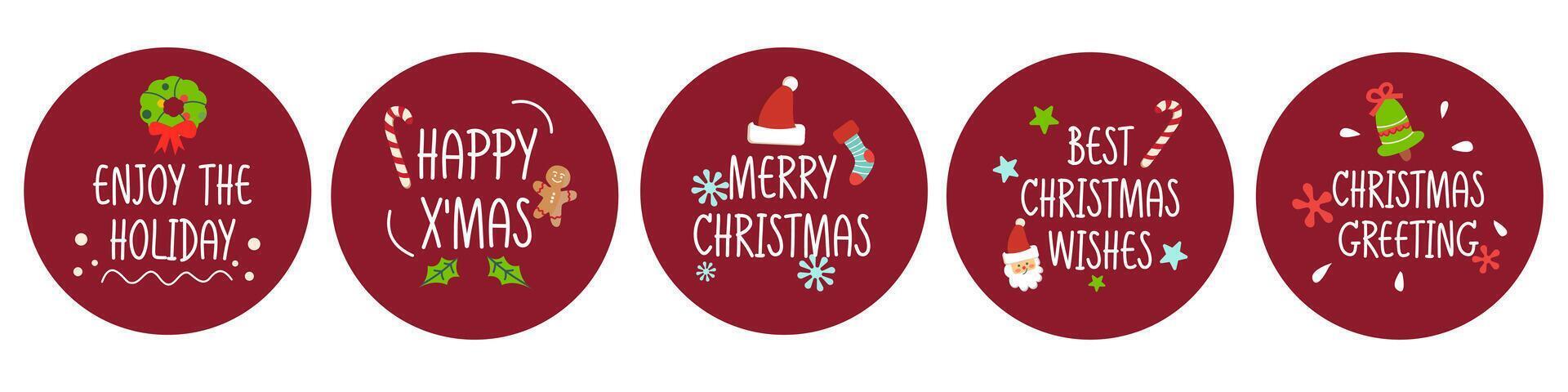 Collection of five Christmas and New Year cute ready-to-use gift tags or badge Set of 5 printable hand drawn holiday label in red circle seasonal badge design vector