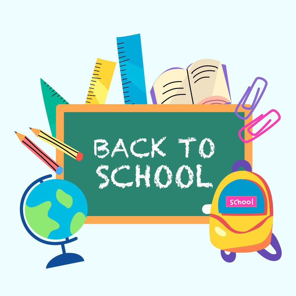Back to school greeting on the board with elements of school supplies vector