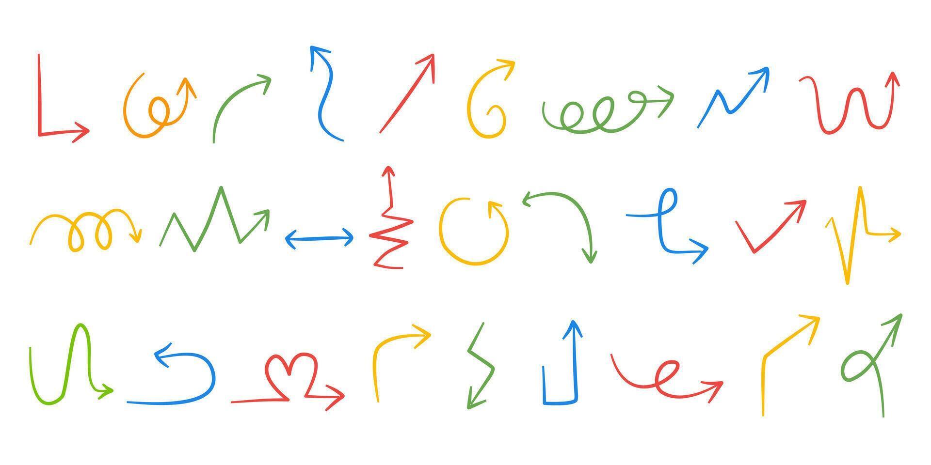 Colorful Arrows set simple hand drawn illustration signs pointing different directions on white background vector