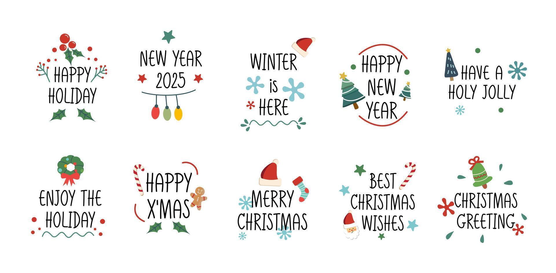 Merry Christmas and Happy New Year typography lettering badge emblems quotes set collection for greeting card vector