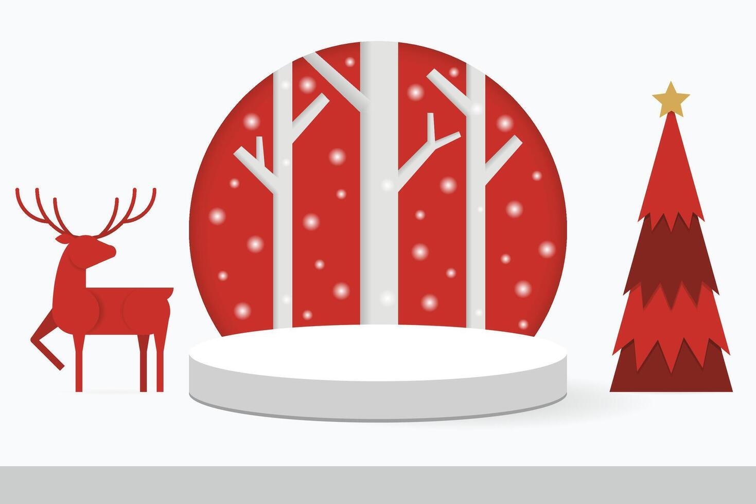 Cylinder Podium on the Floor with Reindeer and Christmas Tree for Background, Suitable for Premium Product Presentation Backdrop, Display, and Mock up. vector