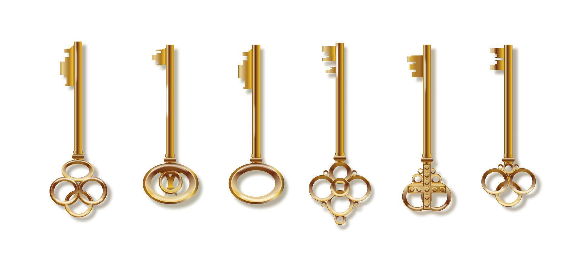 Key 3d realistic golden old vintage. Old luxury escape room keys. vector