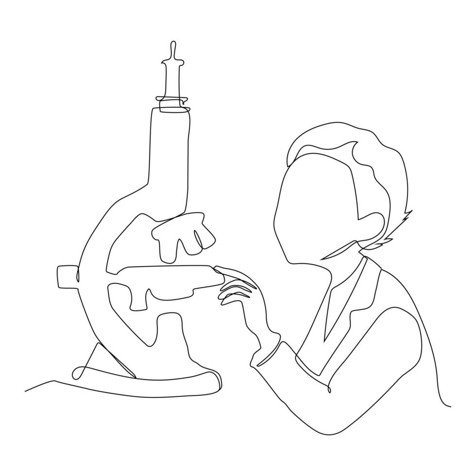 Continuous line drawing of male scientist analyze using microscope in laboratory. vector