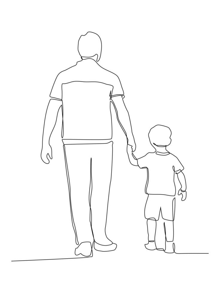 Continuous line art of Dad and son walk together holding hands. vector