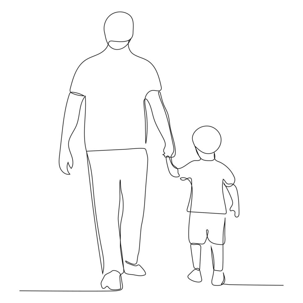 continuous line drawing of Dad and son, Dad and son walk together holding hands. vector