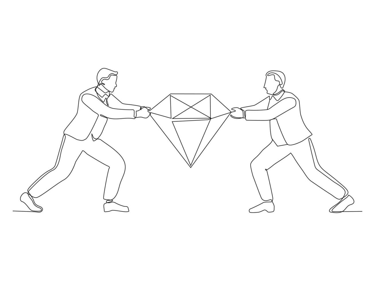 Single one line drawing two selfish man are fighting for diamond. vector