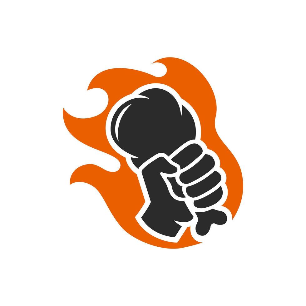 Dynamic logo illustration of a hand gripping a chicken drumstick with an orange flame background. Perfect for food brands, barbecue restaurants, or fiery culinary projects vector