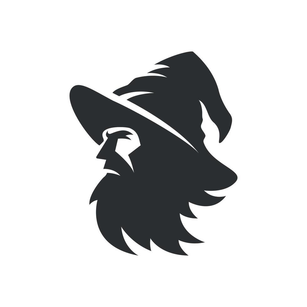 Minimalist silhouette logo of a wizard with a pointed hat and flowing beard. Clean, modern design in solid black, ideal for branding, games, apps, or digital projects needing a fantasy themed visual vector