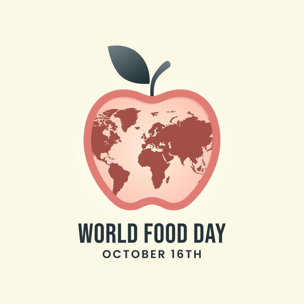 World Food Day poster illustration featuring an apple with a world map inside, symbolizing global food security. Perfect for October 16th celebrations. Minimalist design for awareness campaigns. vector