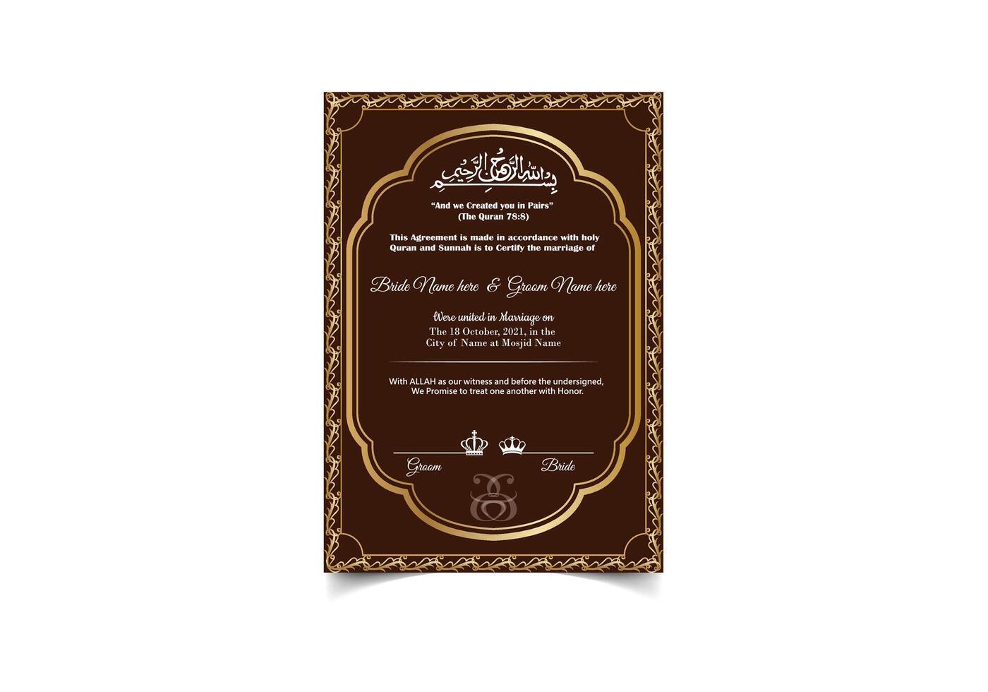 Digital Nikkah Nama Contract Marriage Certificate template vector
