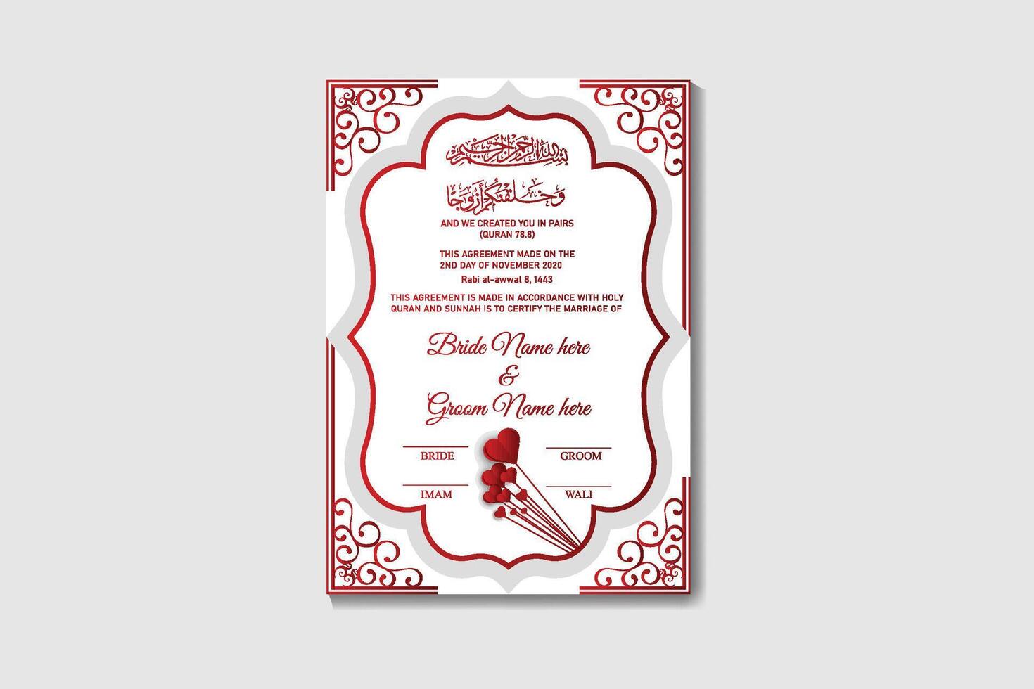 Nikkah Islamic Marriage Certificate A4 size template Design vector
