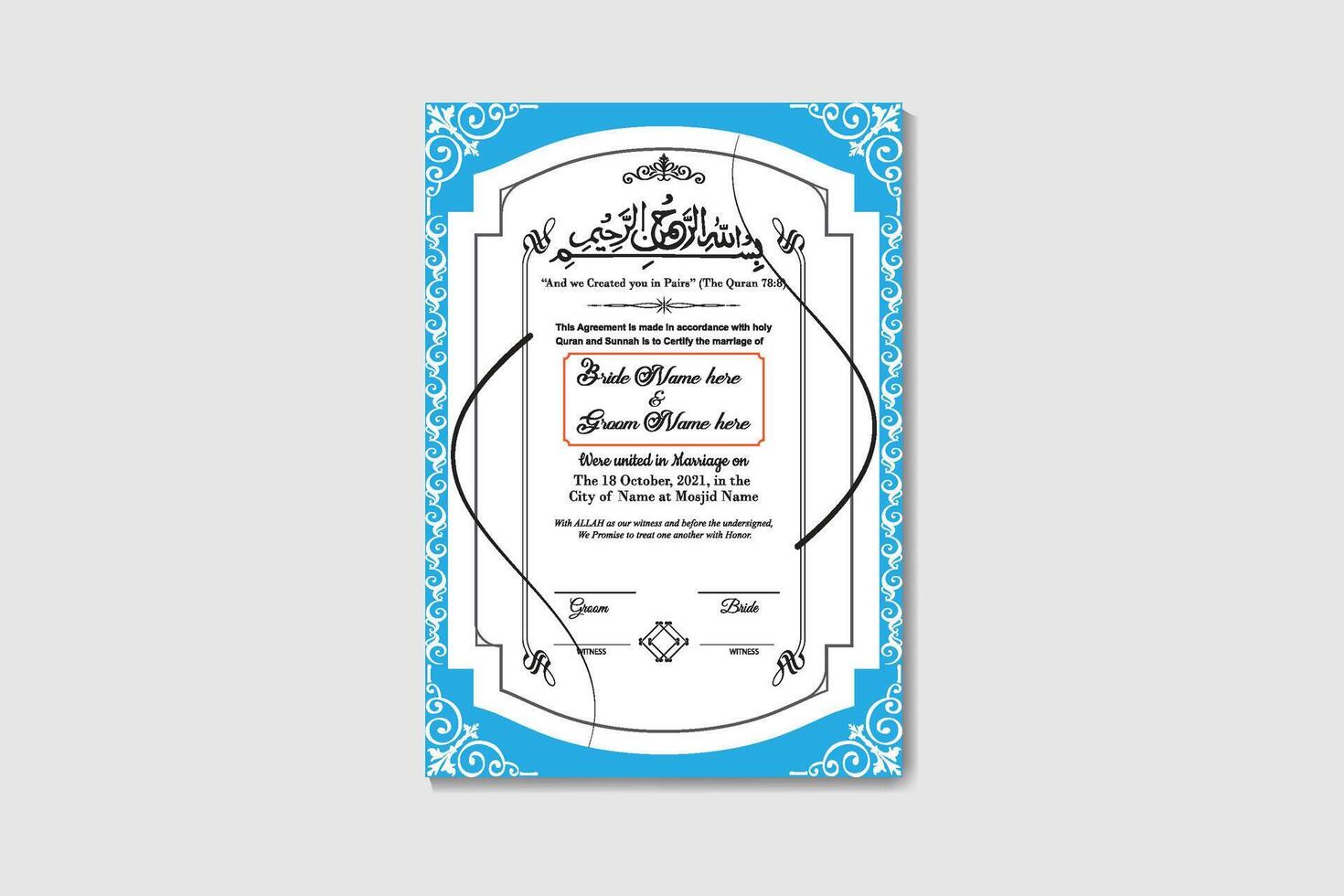 Islamic Nikkah Contact Certificate Template vector