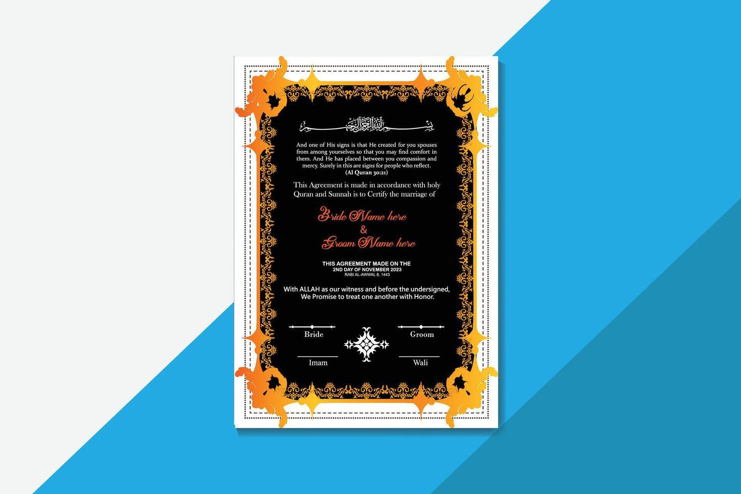 Classic nikkah certificate A4 size design vector