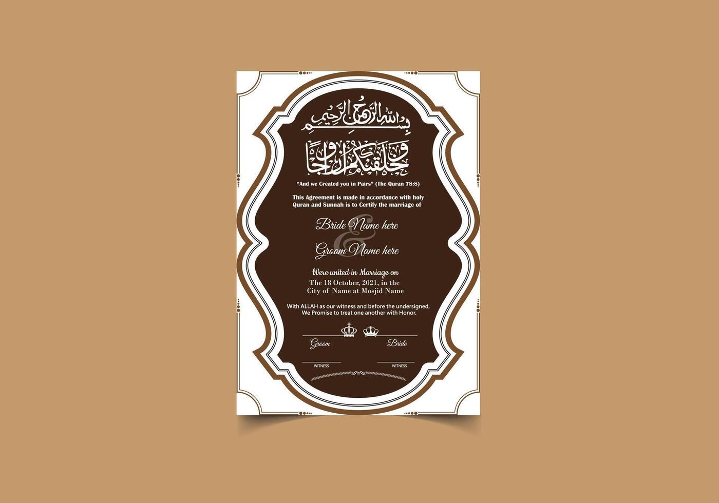 Nikkah Islamic Marriage Certificate or Wedding Anniversary Gift Art vector