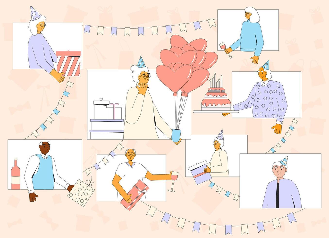 Anniversary celebration online. Birthday surprise party remote. Conferencing holiday event. Congratulation for senior woman. Virtual old friends meeting greeting card. illustration vector