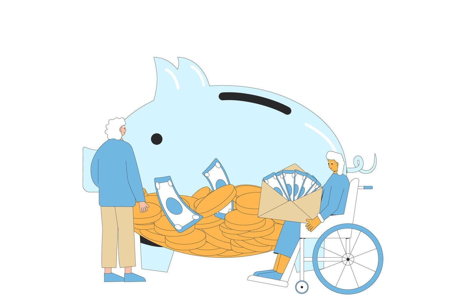 Senior people with piggybank. Retirement savings. Finance for elderly people. Pension plan. Moneybox for family. Older adult with investment. Financial literacy for senior. flat illustration vector