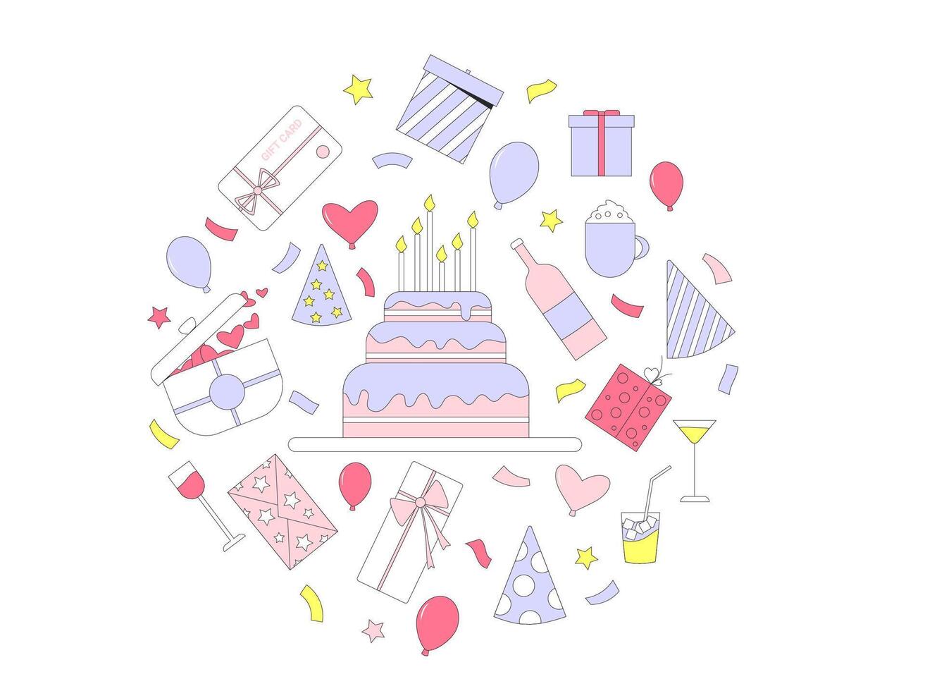 Birthday accessories round composition. Anniversary elements set celebration objects. Holiday event cake and presents. Collection of balloons drinks and confetti gift card. illustration vector