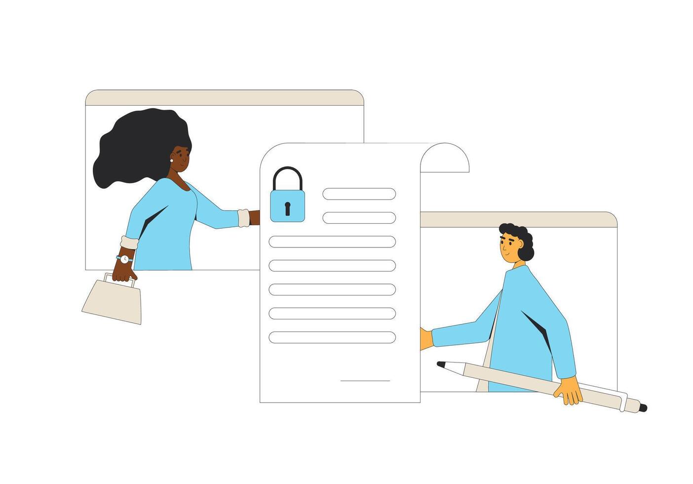 Signing business confidentiality paper. NDA concept. Job offer. Business deal. Non disclosure agreement. Contract between employee and employer. modern flat illustration. vector