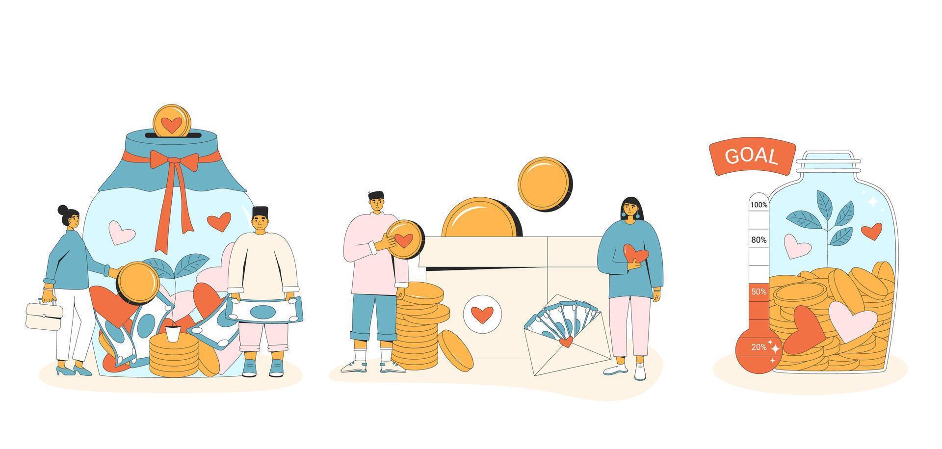 Donation and fundraising concepts set. People with jar box money with coins, envelope of banknotes, heart symbols. Share money crowdfunding. flat illustration vector
