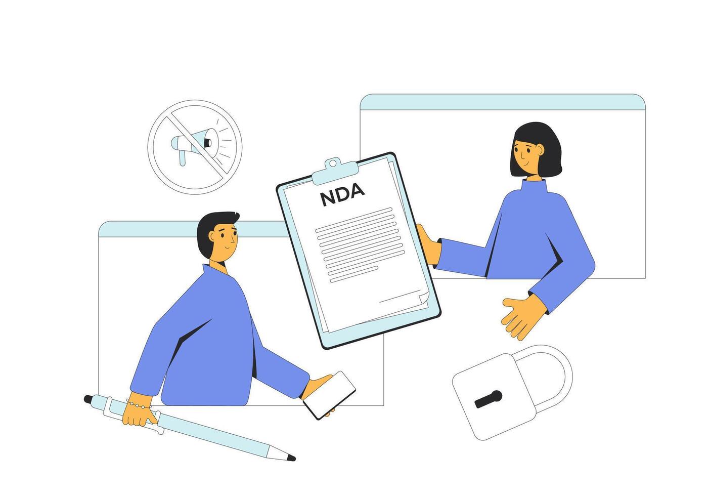 NDA concept. Non disclosure agreement online signing. Job offer. Contract between employee and employer about confidentiality. vector