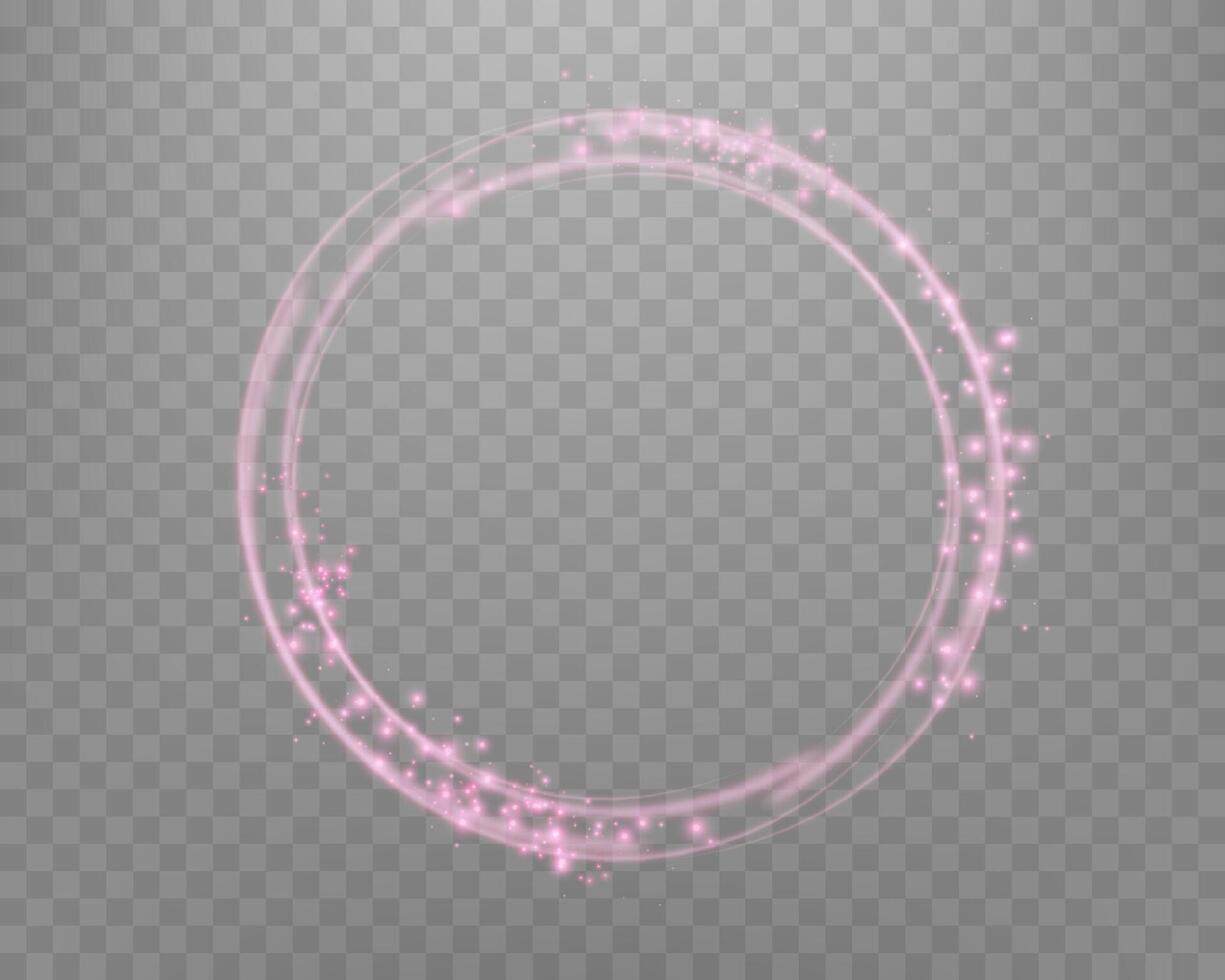 Pink magic ring with glowing sparkles. Neon realistic energy flare halo ring. Abstract light effect vector