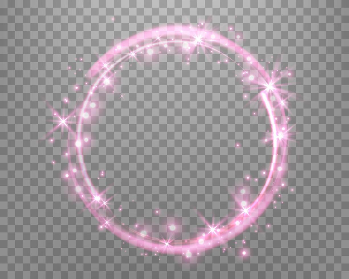 Pink magic ring with glowing sparkles. Neon realistic energy flare halo ring. Abstract light effect vector