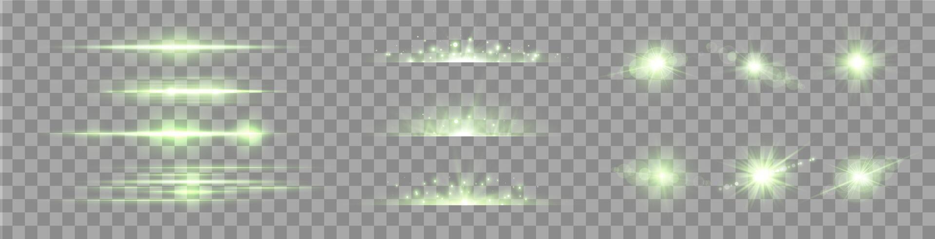 Green lens flares set. Sun flash with rays or spotlight and bokeh. Glow flare light effect. vector