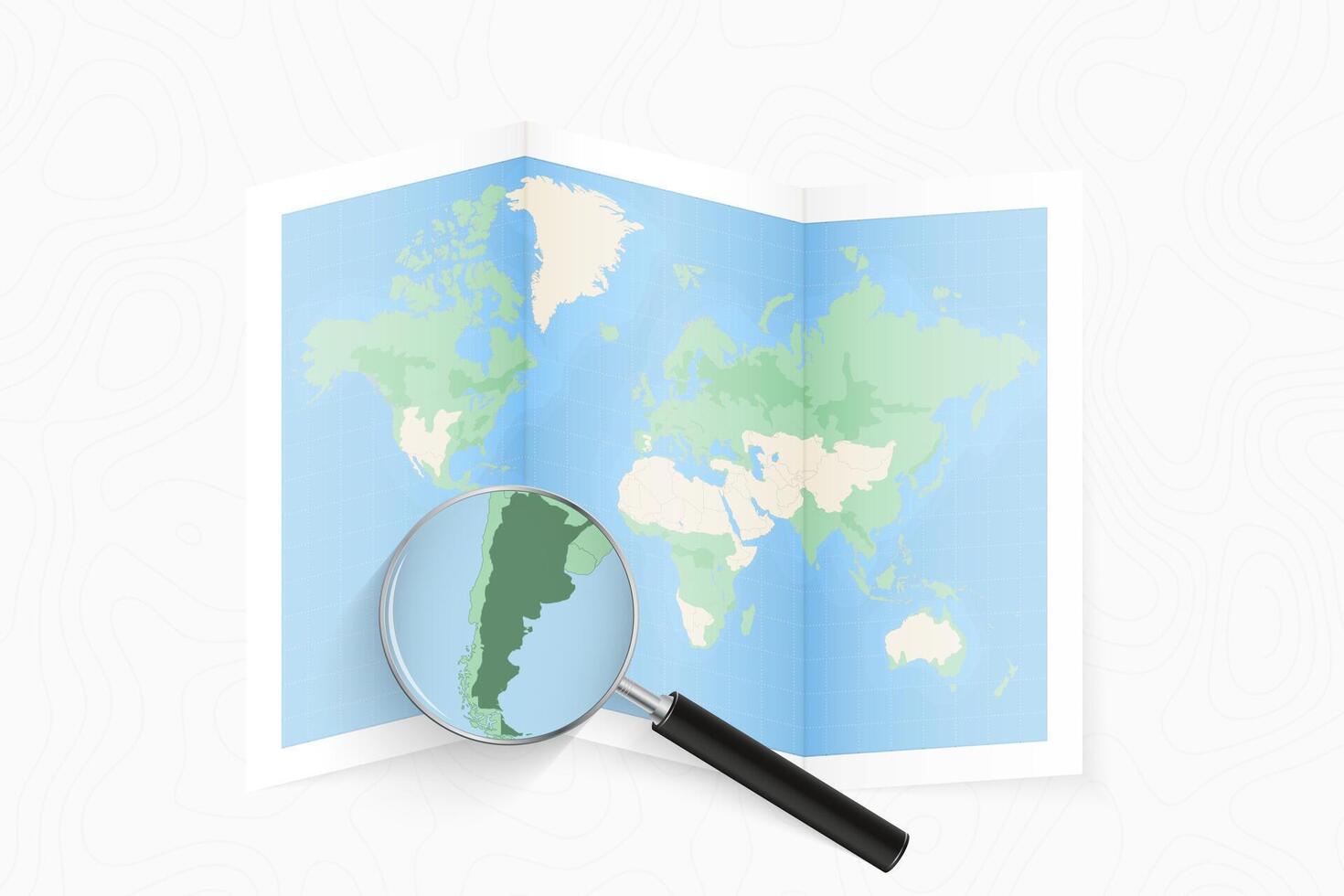 Enlarge Argentina with a magnifying glass on a folded map of the world. vector
