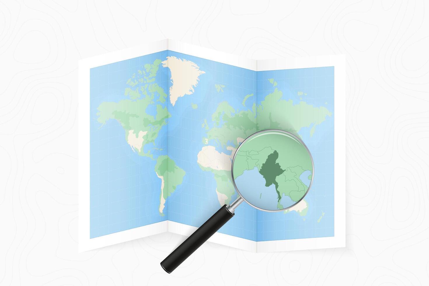 Enlarge Myanmar with a magnifying glass on a folded map of the world. vector