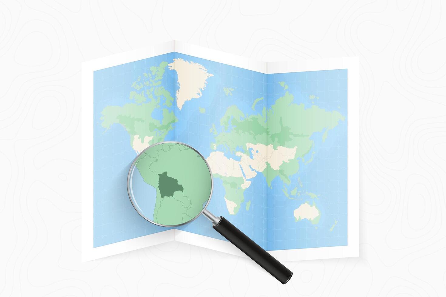 Enlarge Bolivia with a magnifying glass on a folded map of the world. vector