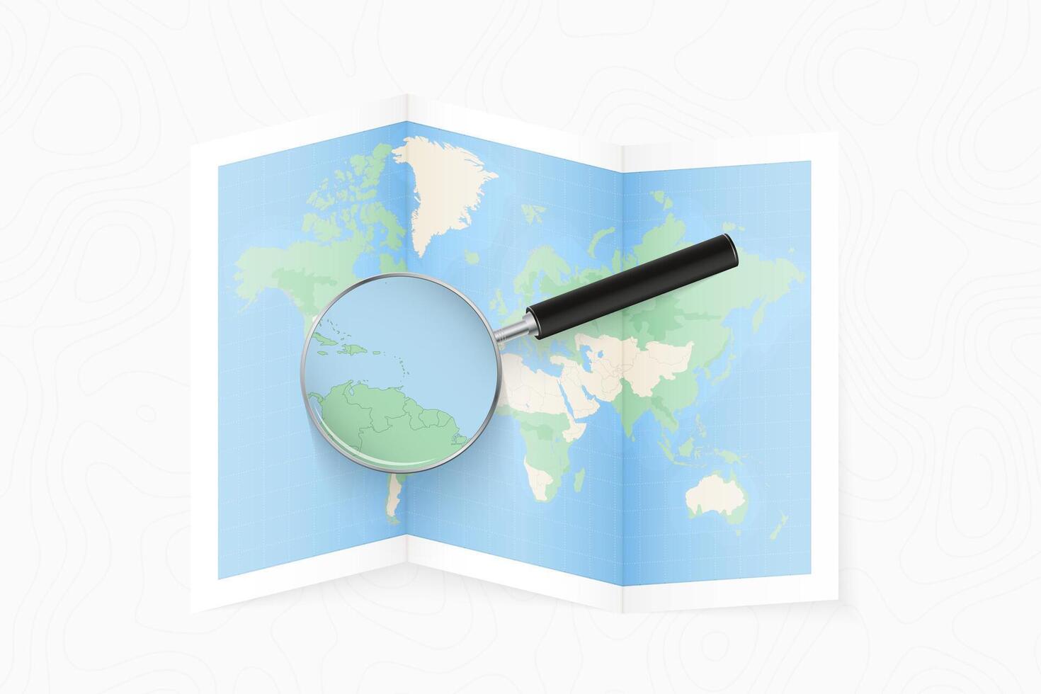 Enlarge Grenada with a magnifying glass on a folded map of the world. vector