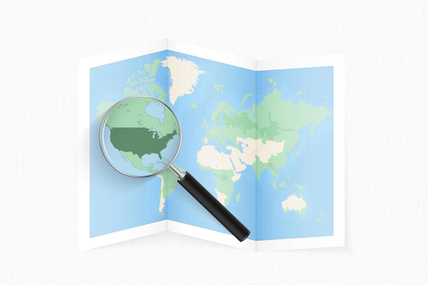 Enlarge USA with a magnifying glass on a folded map of the world. vector